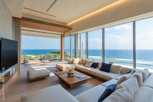 Contemporary living room with ocean view in a modern coastal home during daylight hours