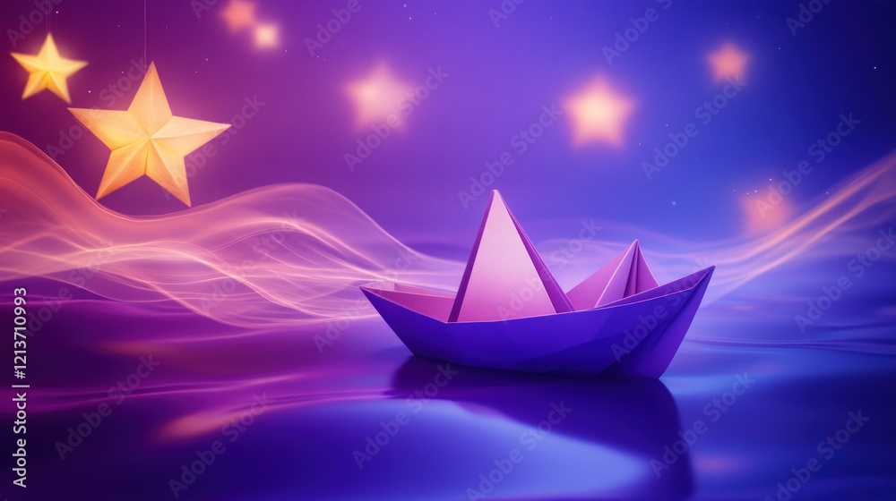 Obraz premium A serene scene featuring a purple origami boat on a tranquil surface with glowing stars.