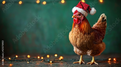 Festive hen, Christmas lights, holiday card.