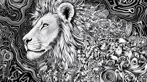 A lion rendered in intricate black-and-white contour patterns, sharp zig-zag and spiral motifs flowing into the mane, standing regally against a mesmerizing labyrinth-like background photo