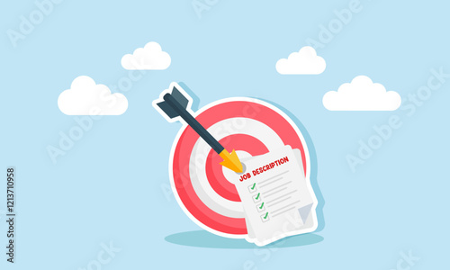 An arrow targets a job description paper until it sticks to a target board, illustration of targeting accurate job description completion