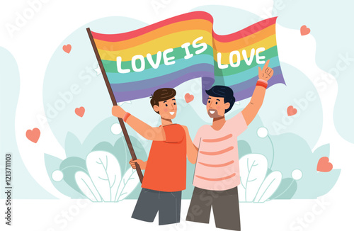 Pride Month Celebration with Love is Love Flag and Supportive People Illustration Showcases people holding “Love is Love” flags in solidarity.