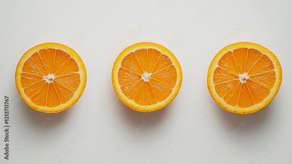 Fototapeta premium Fresh orange halves arranged evenly on a light surface creating a vibrant and colorful display