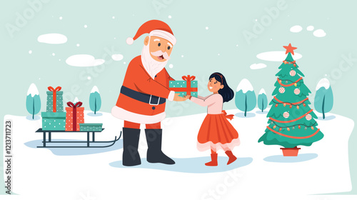 Santa Giving Christmas Gifts to Girl Illustration Shows Santa handing a gift to a delighted child.
