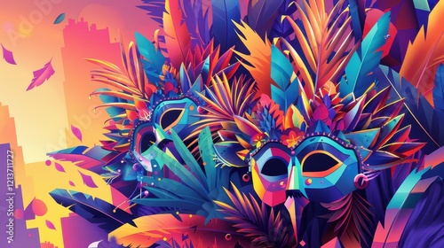 Lively Abstract Illustration of Carnival Masks in Vivid Colors