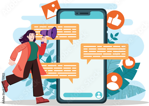 Social Media Marketing Campaign with Engagement and Promotion Illustration Visualizes strategies for running social media campaigns effectively.