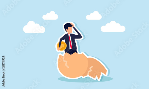 A businessman emerges from an eggshell holding a dollar coin, illustration of recruiting employees who can boost revenue and financial stability of the company