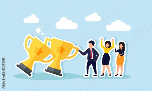A businessman holds falling trophies while other entrepreneurs celebrate, illustration of the ability to maintain the title as the best company