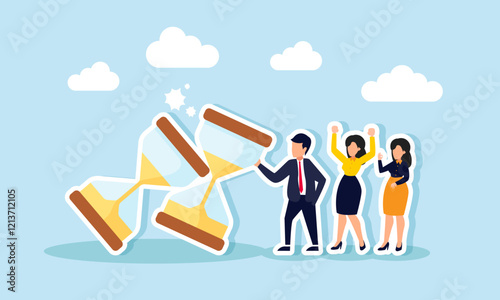 A businessman holds falling hourglasses while other entrepreneurs celebrate, illustration of the ability to manage time effectively