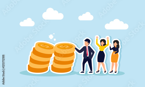 A businessman holds falling stacks of coins while other entrepreneurs celebrate, illustration of the ability to maintain financial stability in business