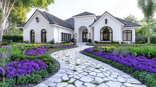 White house, landscaped garden, walkway, sunny day, real estate photo