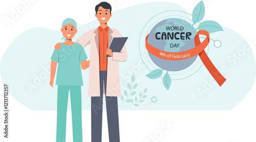 World Cancer Day Illustration with Patient and Doctor Highlights patient-doctor interactions and awareness for cancer care.
