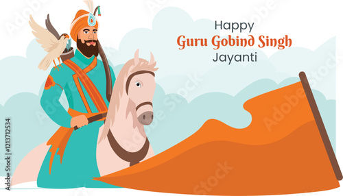 Happy Guru Gobind Singh Jayanti with Horse and Warrior Illustration Features Guru Gobind Singh as a warrior on horseback, embodying valor.