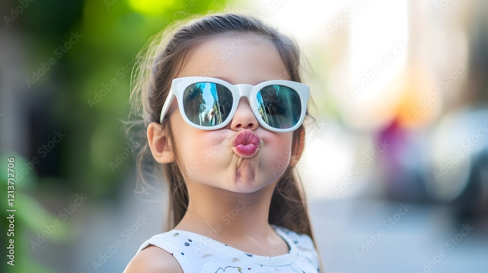 Girl making a playful expression with sunglasses, radiating joy and spontaneity Girl making a playful expression with sunglasses, radiating joy and spontaneity