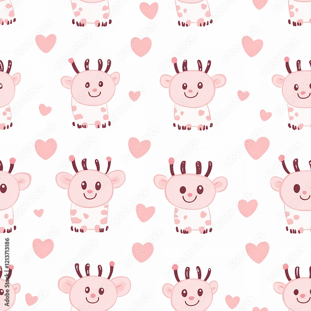 Cute Pattern of Cartoon Cows and Hearts on a Soft Pink Background Cute Pattern of Cartoon Cows and Hearts on a Soft Pink Background