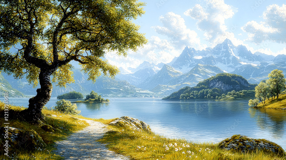 Obraz premium Majestic Mountain Lake: A Serene Landscape of Nature's Beauty