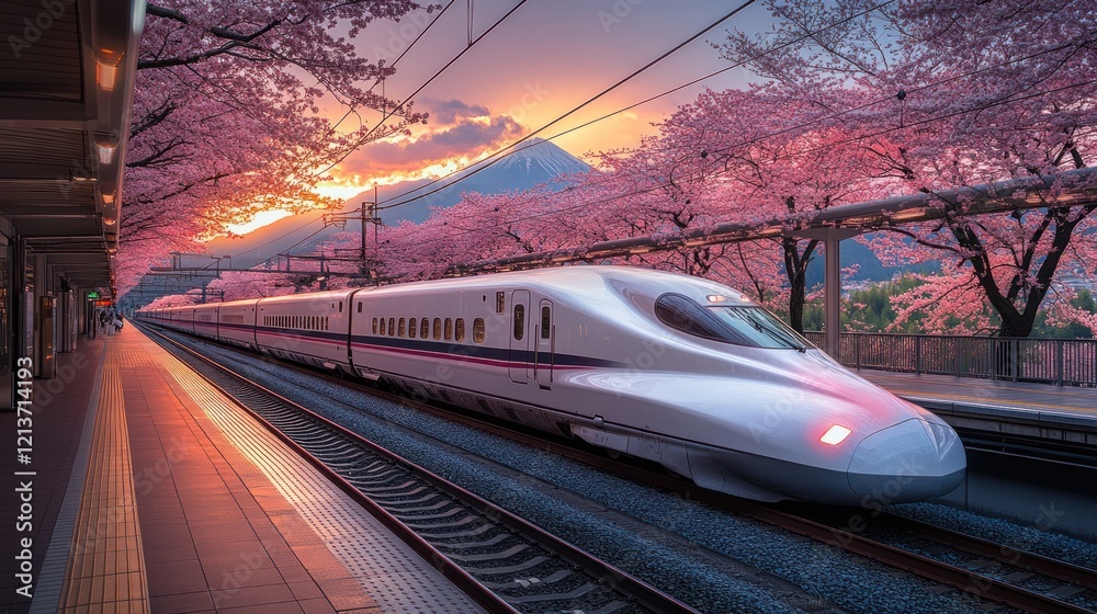 Fototapeta premium Japan Bullet Train Sunset Cherry Blossoms Fuji