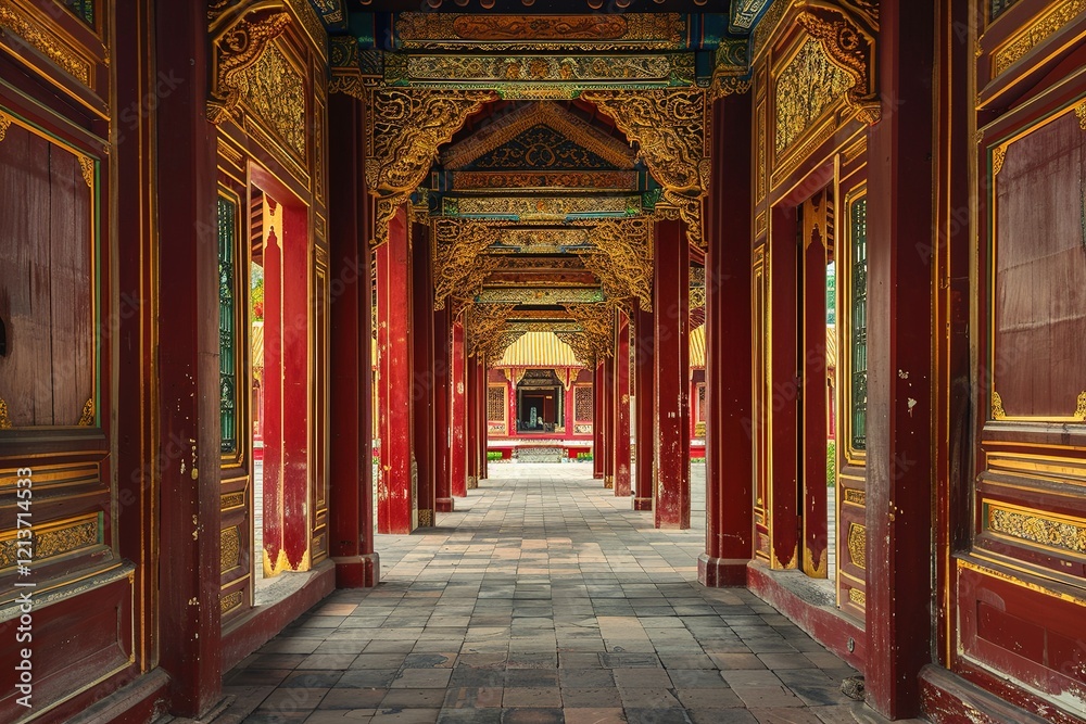 Fototapeta premium Ornate corridor of a traditional building with vibrant gold and red decorations