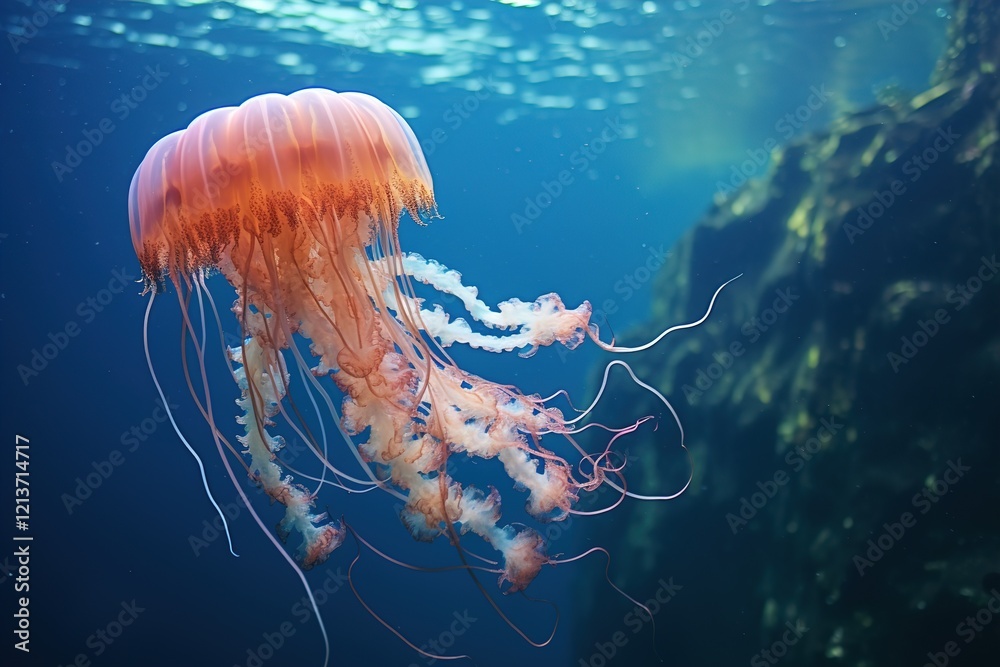 Fototapeta premium Graceful jellyfish swimming in the deep blue ocean near rocky formations