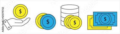 DOLLAR MONEY, WITH COIN SYMBOL, COLOR, Linear style. ICON VECTOR ILLUSTRATION.