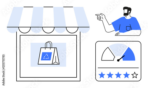 Storefront with eco-friendly shopping bag, man pointing towards ratings gauge, and a star rating system. Ideal for sustainability, e-commerce, customer feedback, ratings, online shopping