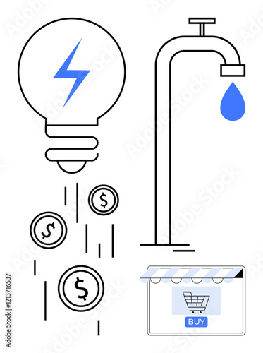 Energy lightbulb emits coins while tap drips water near an online store icon. Ideal for business growth, innovation, financial success, e-commerce, efficiency, resource management, sustainability