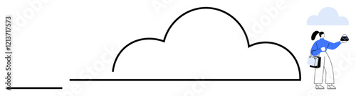Woman placing data in large cloud, holding laptop and coffee cup. Ideal for cloud computing, data storage, digital transformation, remote work, technology integration, modern business, innovation