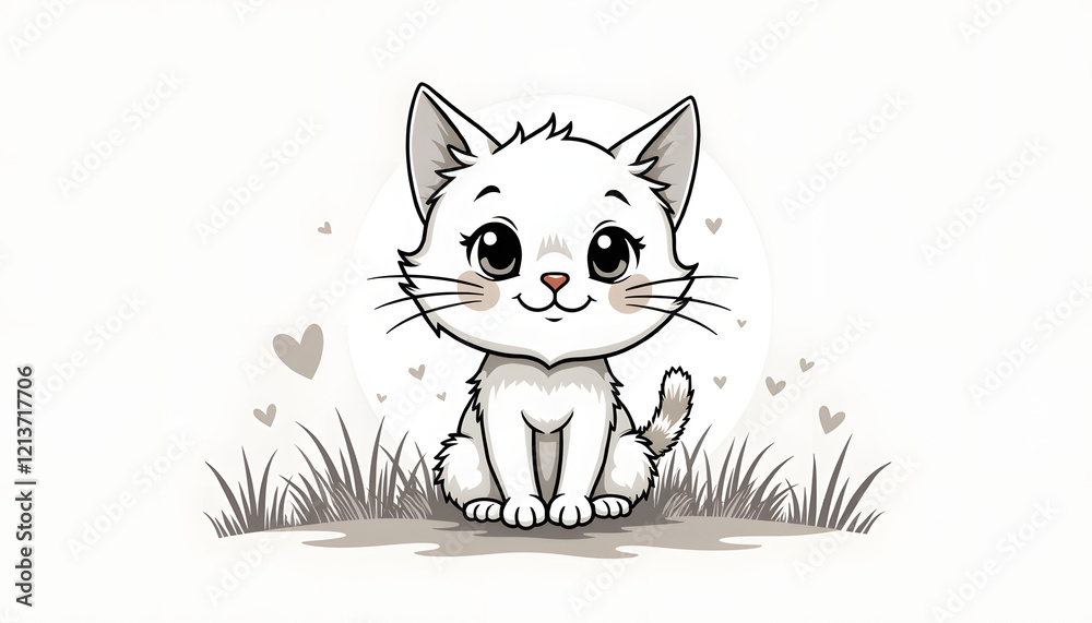 Fototapeta premium Adorable Kawaii-Style White Kitten with Expressive Eyes amid Stylized Grass