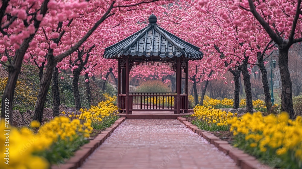 Pink cherry blossom gazebo path, spring garden