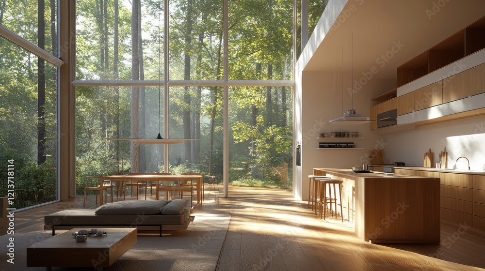 Fototapeta premium Modern open-plan living room and kitchen interior design with a wooden floor, white walls