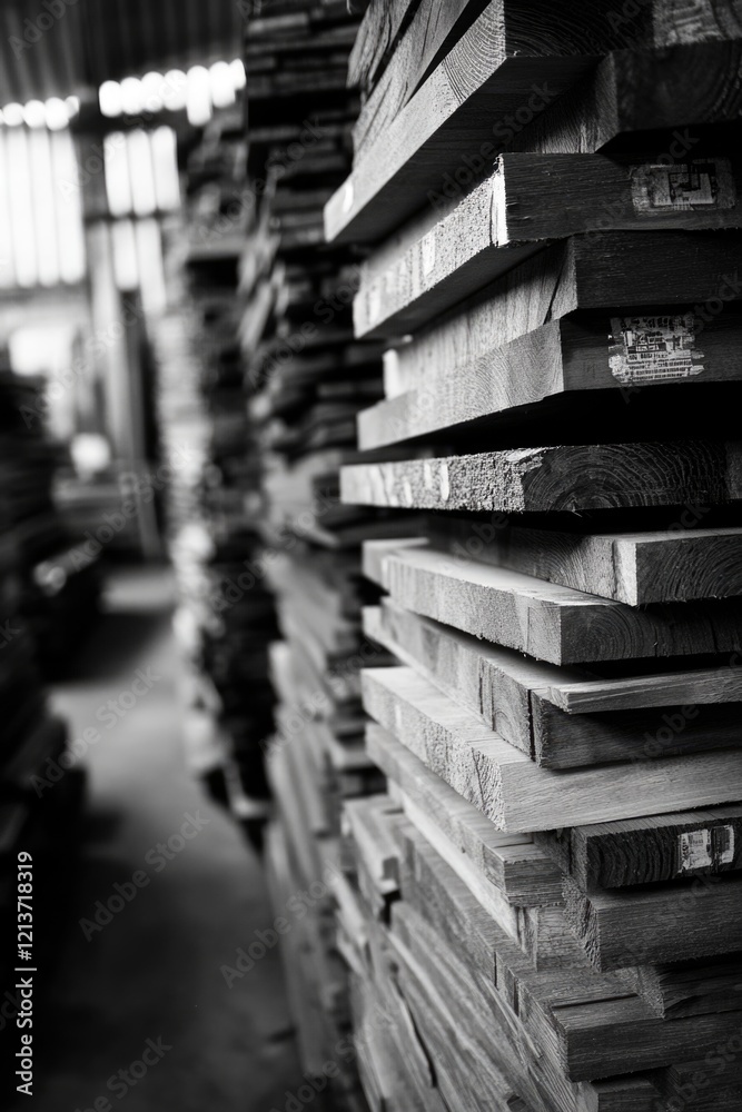 Fototapeta premium Wooden Plank Stack in Warehouse