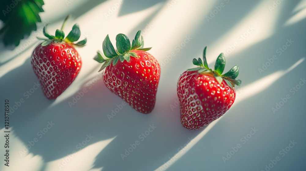 Fresh red strawberries arranged artistically on a light surface with shadows Fresh red strawberries arranged artistically on a light surface with shadows