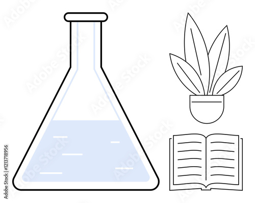 Laboratory flask half-filled with liquid, potted plant with multiple leaves, and an open book. Ideal for science education, biological studies, environmental research, academic learning