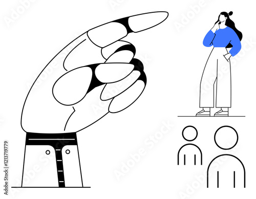 Large, pointing hand with stylized details beside a thoughtful woman dressed in blue and white. Stands next to three simplified human figures, smaller in size. Ideal for leadership, decisions