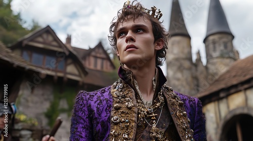 young handsome prince wearing ornate medieval attire at ancient city 