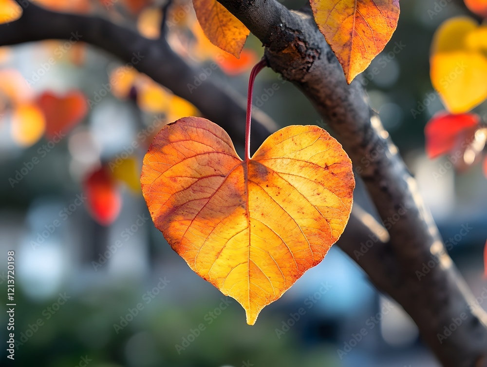 Obraz premium Autumn Heart Shaped Leaf on Blurred Tree Branch with Sweet Tonal Colors