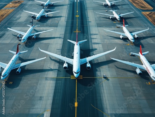 Aerial View of Numerous Airplanes on a Busy Airport Runway with Clear Sky, Showcasing Aircraft in Different Directions and Taxiways Markings, Aviation Scene