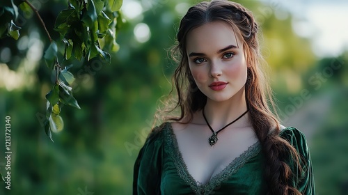 pretty girl wearing 18th century green gown at vineyard 