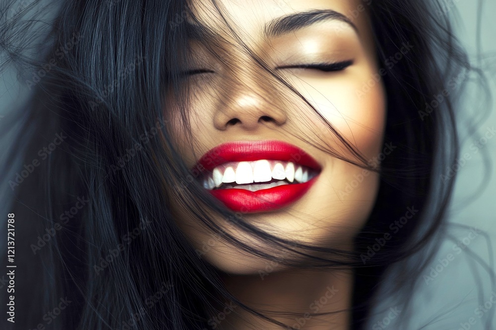 Lovely smiling mixed-race girl - for ads, brochure and internet use. Commercial promotion creative. Long trim - straight hair. African american advertising. Long colored hair portrait.