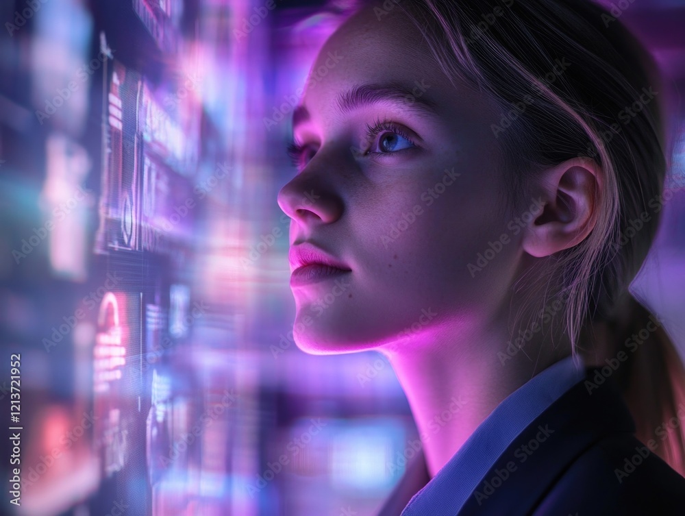 Woman in front of neon-lit wall Woman in front of neon-lit wall