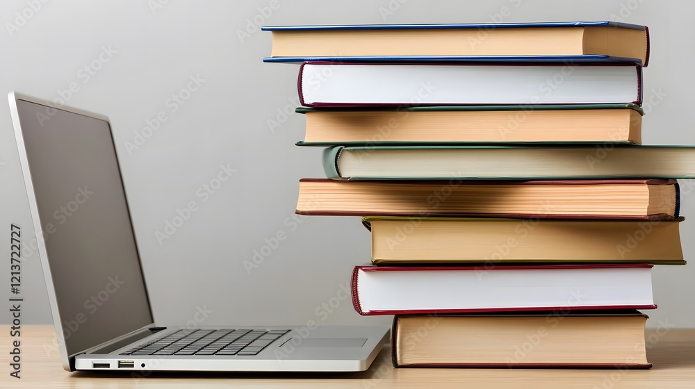 Laptop and stacked books on a wooden table, embodying simplicity and focus in a modern workspace Laptop and stacked books on a wooden table, embodying simplicity and focus in a modern workspace