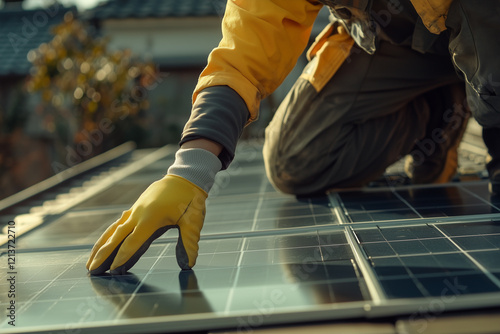 Worker Installing Solar Panels on Roof photo