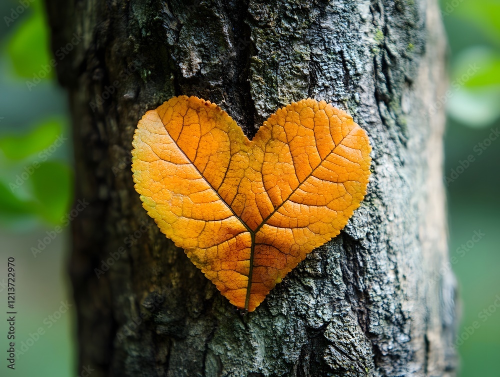 Vibrant Autumn Heart Shaped Leaf on Tree Trunk Vibrant Autumn Heart Shaped Leaf on Tree Trunk