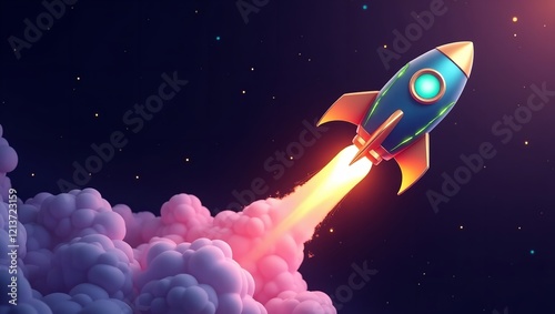  A Vibrant 3D Illustration Of A Sleek Futuristic Rocket photo