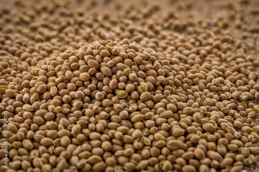 Coriander seeds are piled in a natural setting, showcasing their earthy color and texture against a blurred background Coriander seeds are piled in a natural setting, showcasing their earthy color and texture against a blurred background
