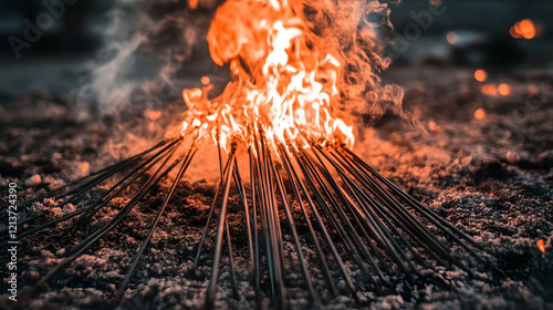 7. A surreal take on Thai street food stalls with glowing and melting colors, blending smoke, skewers, and chaotic patterns into an energetic abstract landscape 