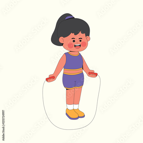 Cheerful girl character  jumping rope illustration