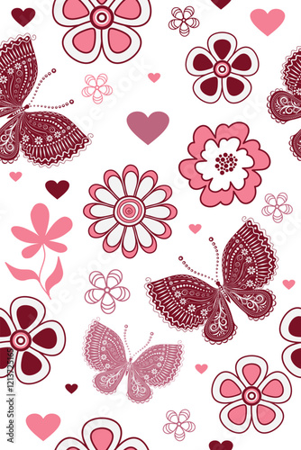 Vector seamless valentines patterns with hearts, flowers and butterflies  on a transparent background. For textiles, wallpaper and packaging.
