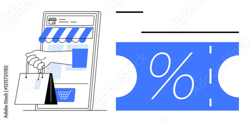 Hand holding shopping bags emerging from phone with store interface, shopping cart icon, and discount coupon. Ideal for eCommerce, online shopping, digital retail, promotions, customer incentives