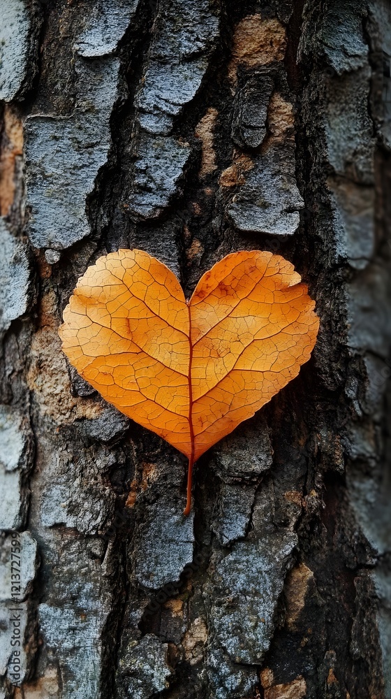 Heart Shaped Autumn Leaf Attached to Tree Bark with Warm Tones Heart Shaped Autumn Leaf Attached to Tree Bark with Warm Tones